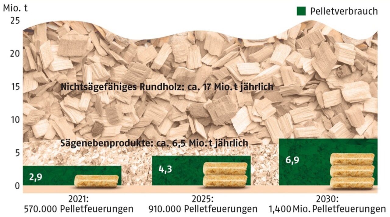 Grafik Aufkommen Sägenebenprodukte und nicht-sägefähiges Rundholz für Holzpellets