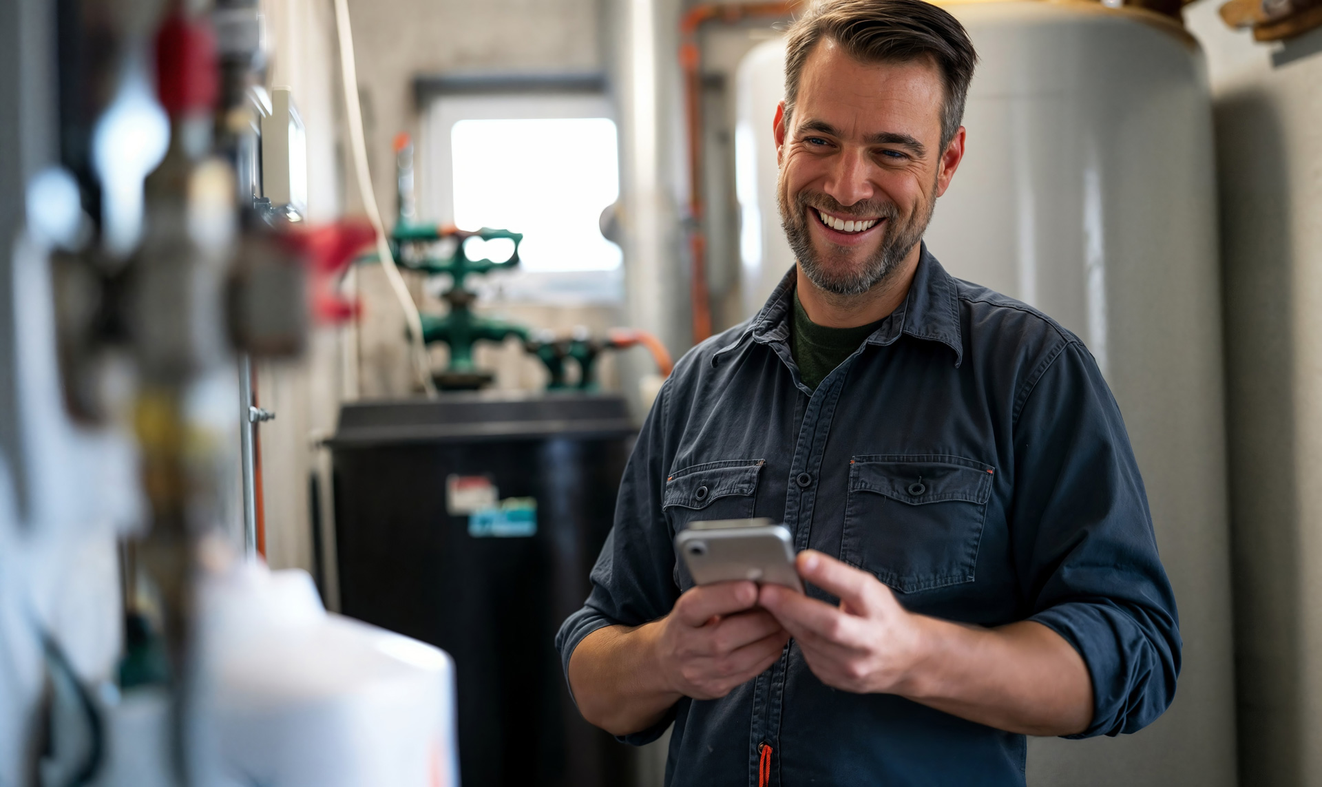 Mann freut sich über neue Pelletheizung